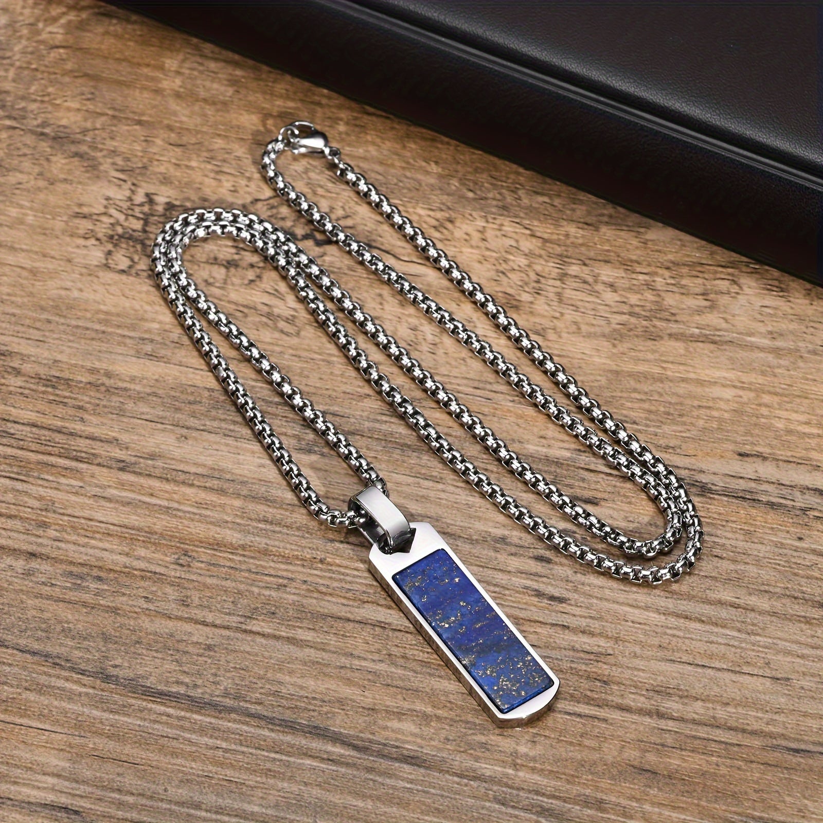 *Men’s Natural Lapis Lazuli Bar Pendant Necklace – 304 Stainless Steel Rectangular Stone Jewelry Gift