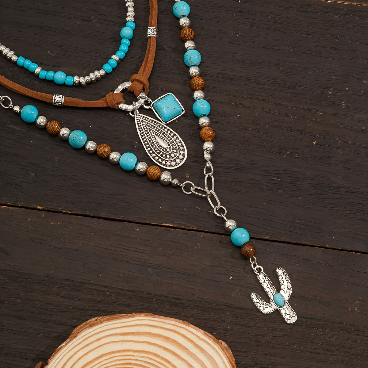 3PCS Retro Turquoise Beaded Sweater Necklace Set – Boho Vintage Brown Velvet Layered Necklace Jewelry for Women