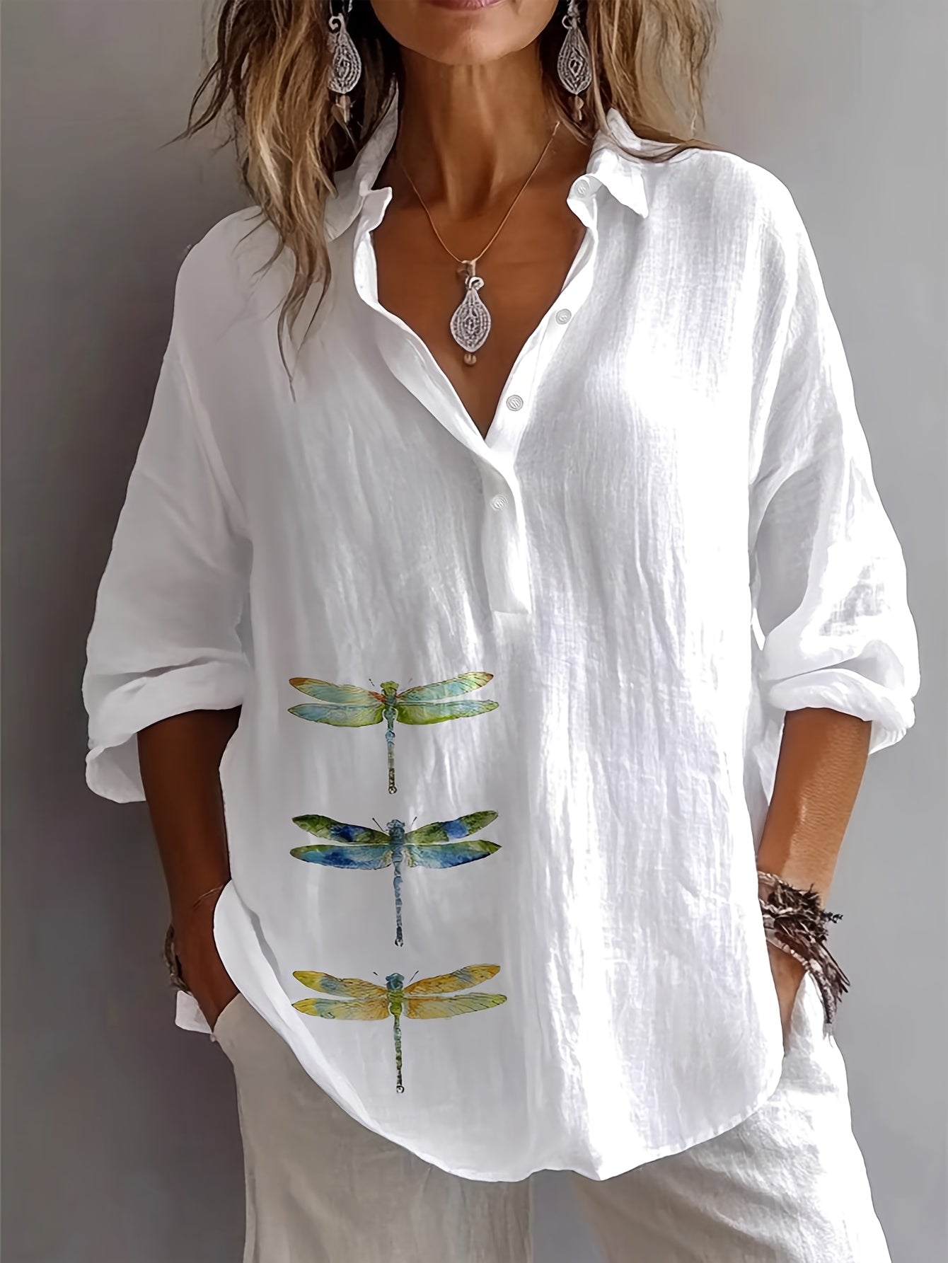 Women’s Cotton Dragonfly Cardigan Top – Button Front Loose Fit Casual Lightweight Knit for All Seasons