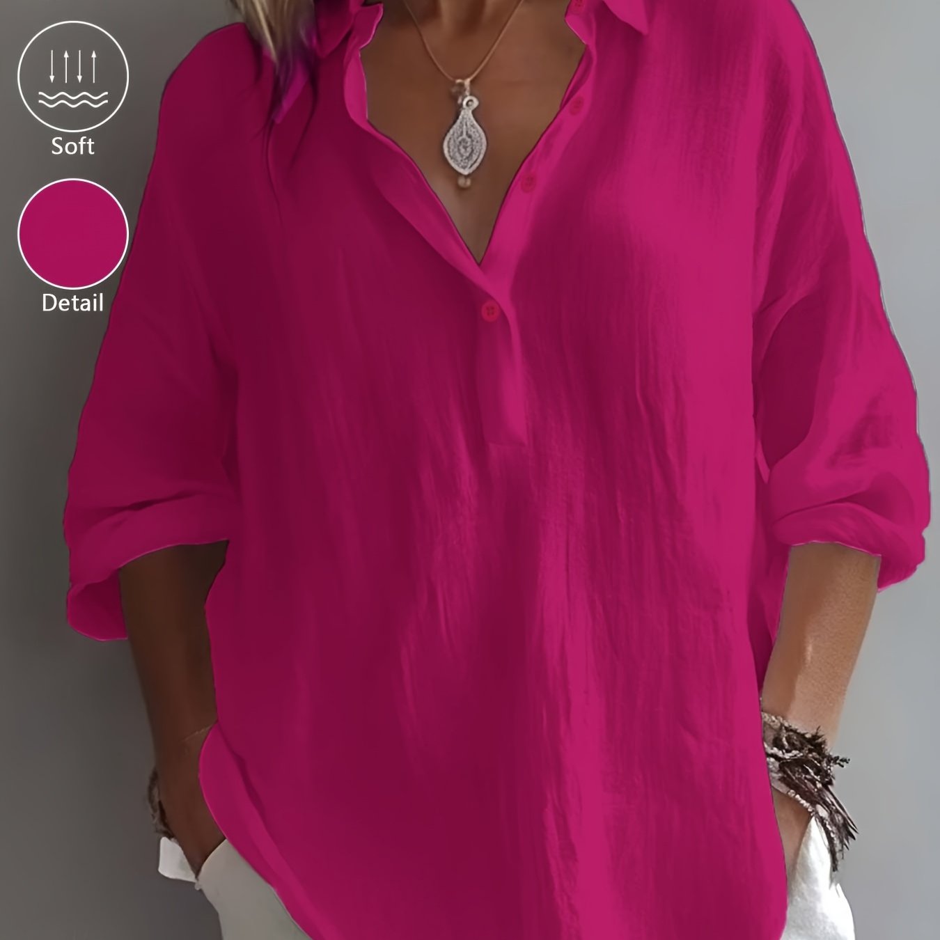 Women’s Classic Cotton Shirt – 3/4 Sleeve Button-Up Lapel Collar Blouse for Office & Casual Wear