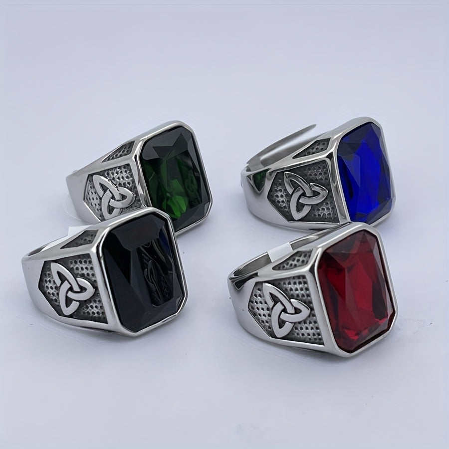 Vintage Celtic Knot Stainless Steel Ring with Synthetic Zircon – Hip Hop Unisex Wedding Engagement Band (Green/Blue/Red/Black)