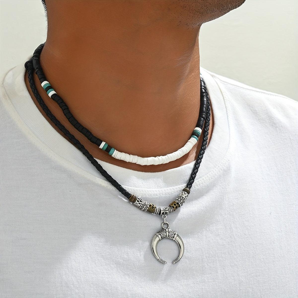 2PCS Men’s Crescent Moon Wooden Bead Necklace Set – Trendy Boho Moon Pendant Style Wood Bead Fashion Necklace