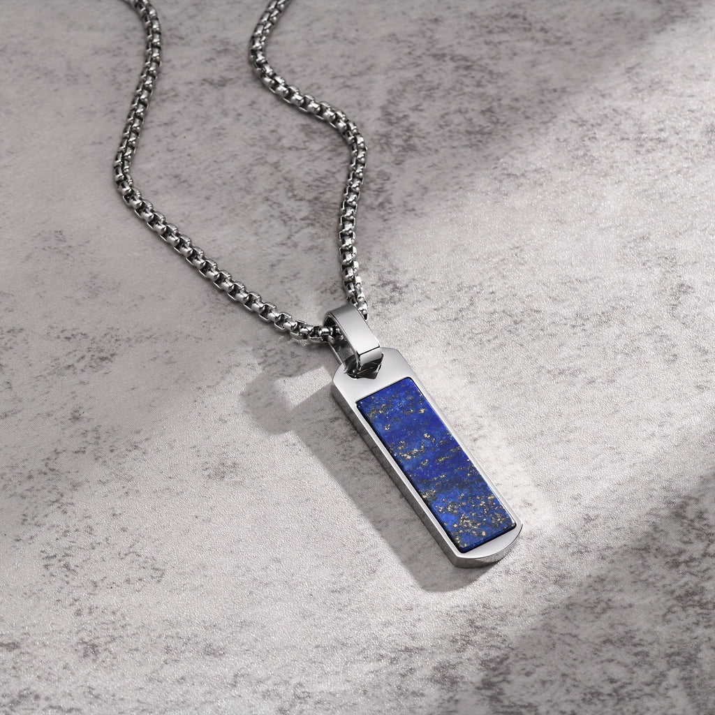 Men’s Natural Lapis Lazuli Bar Pendant Necklace – 304 Stainless Steel Rectangular Stone Jewelry Gift