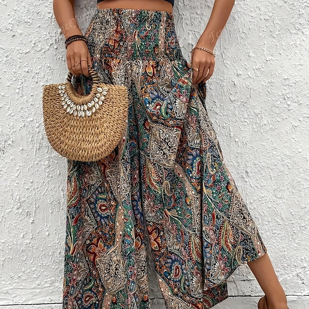 Bohemian Style Wide Leg Pants Women | High Waisted Elastic Casual Trousers for Spring Summer Autumn