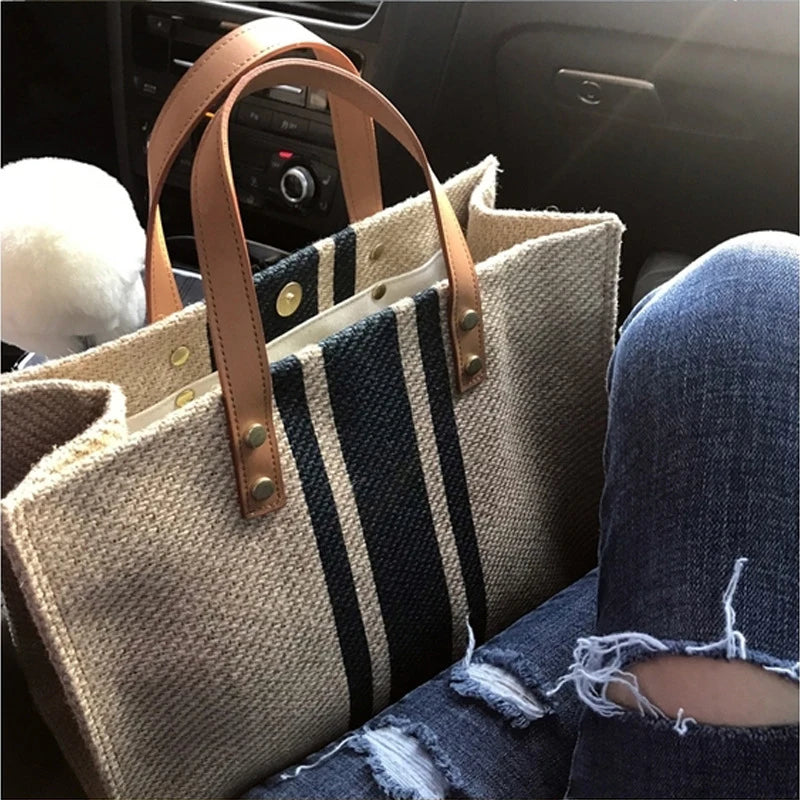 Women’s Canvas Stripe Bucket Bag – Large Capacity Casual Tote with Top Handle & Crossbody Shoulder Strap
