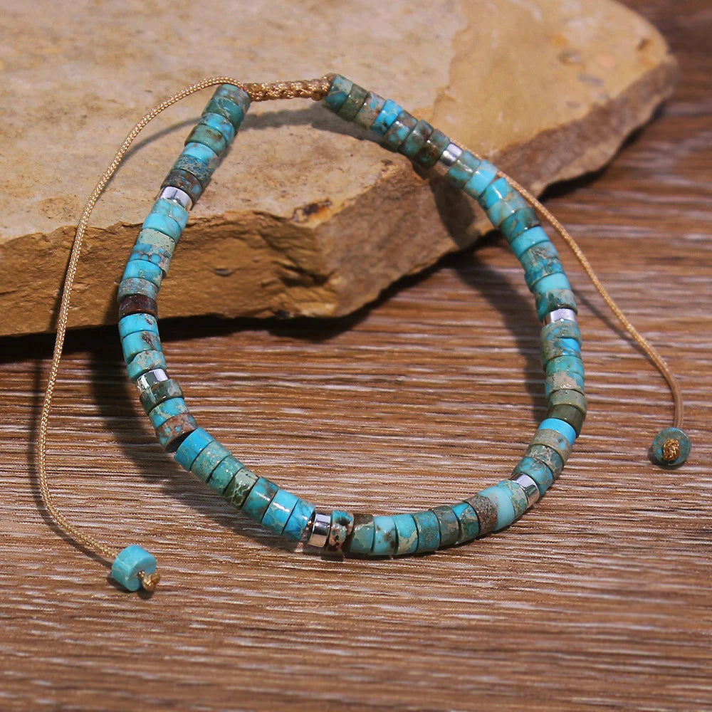 *Turquoise Stone Beaded Bracelet – Adjustable Woven Rope Ethnic Bracelet for Women & Men