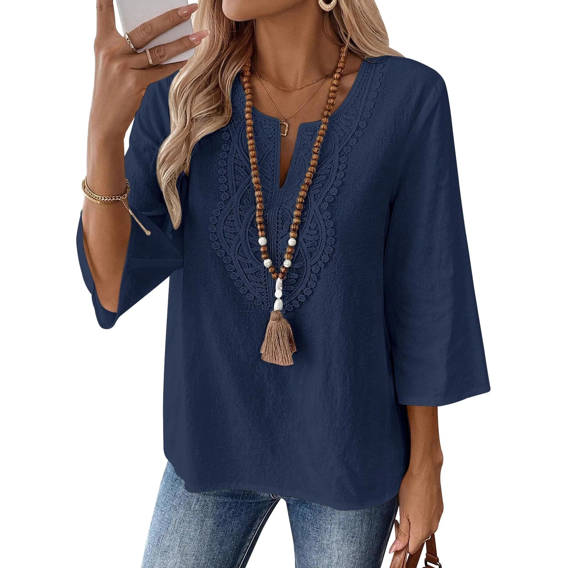 Bohemian Style Blouse Women | Lace Trim V Neck Shirt Bell Sleeve Elegant Spring Summer Top