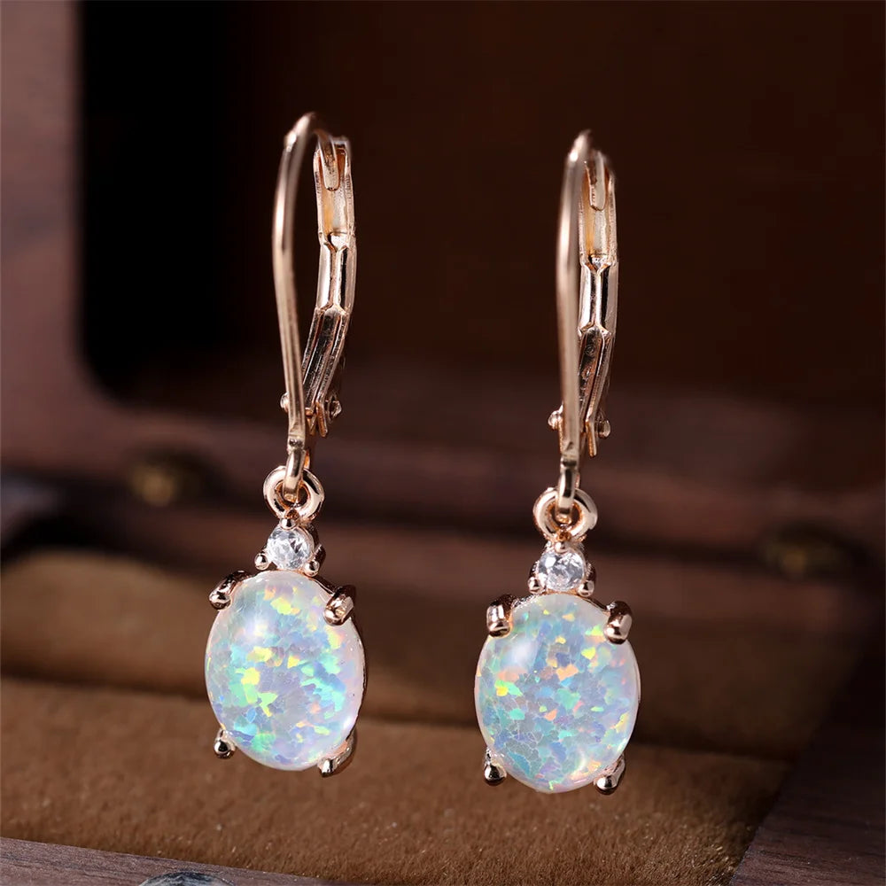 White Blue Opal Oval Hoop Earrings for Women – Stainless Steel Romantic Wedding; Engagement Jewelry