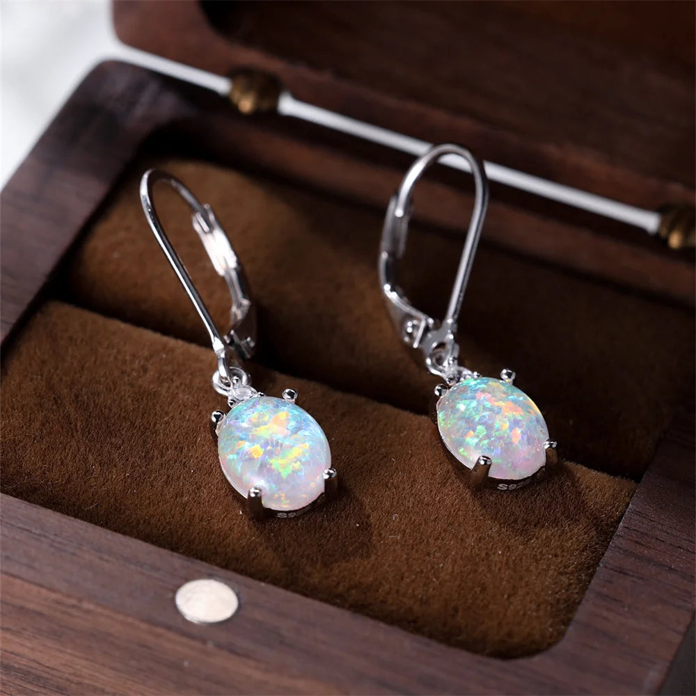 White Blue Opal Oval Hoop Earrings for Women – Stainless Steel Romantic Wedding; Engagement Jewelry
