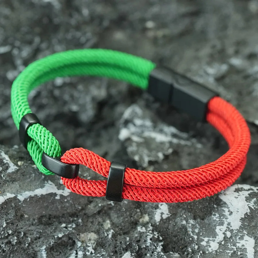 Men’s Green & Red Cord Bracelet – Ethnic Rope Chain Fabric Bracelet for Men | Adjustable Fashion Wristband