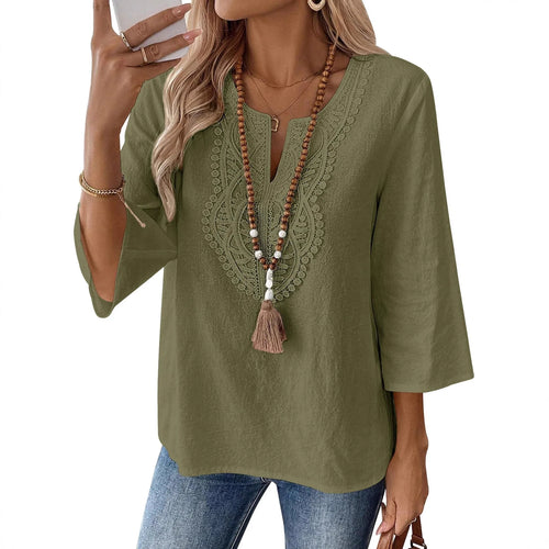 Bohemian Style Blouse Women | Lace Trim V Neck Shirt Bell Sleeve Elegant Spring Summer Top
