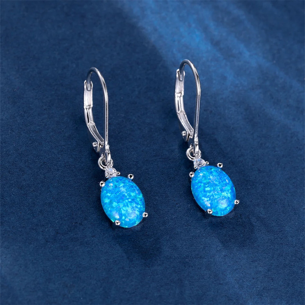White Blue Opal Oval Hoop Earrings for Women – Stainless Steel Romantic Wedding; Engagement Jewelry