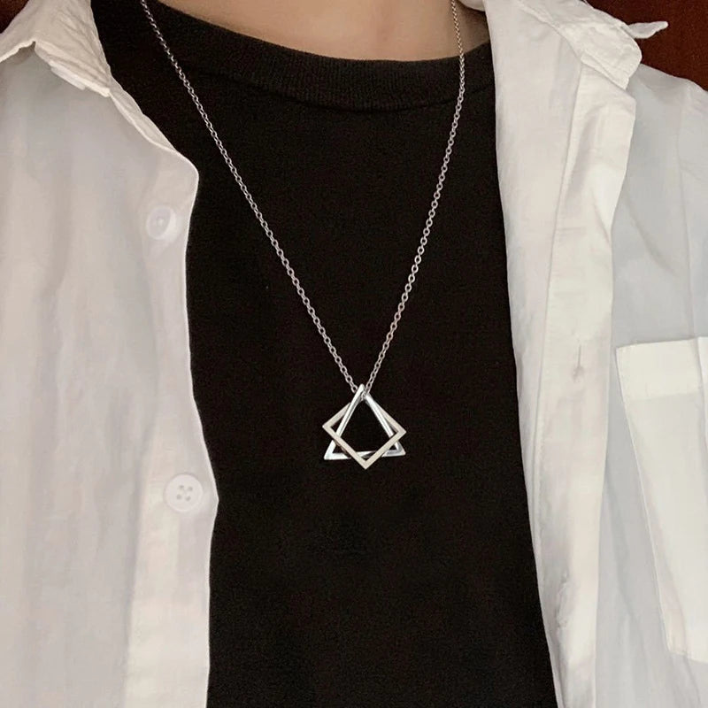 Unisex Geometric Stainless Steel Pendant Necklace – Punk Triangle; Square Interlocking Chain
