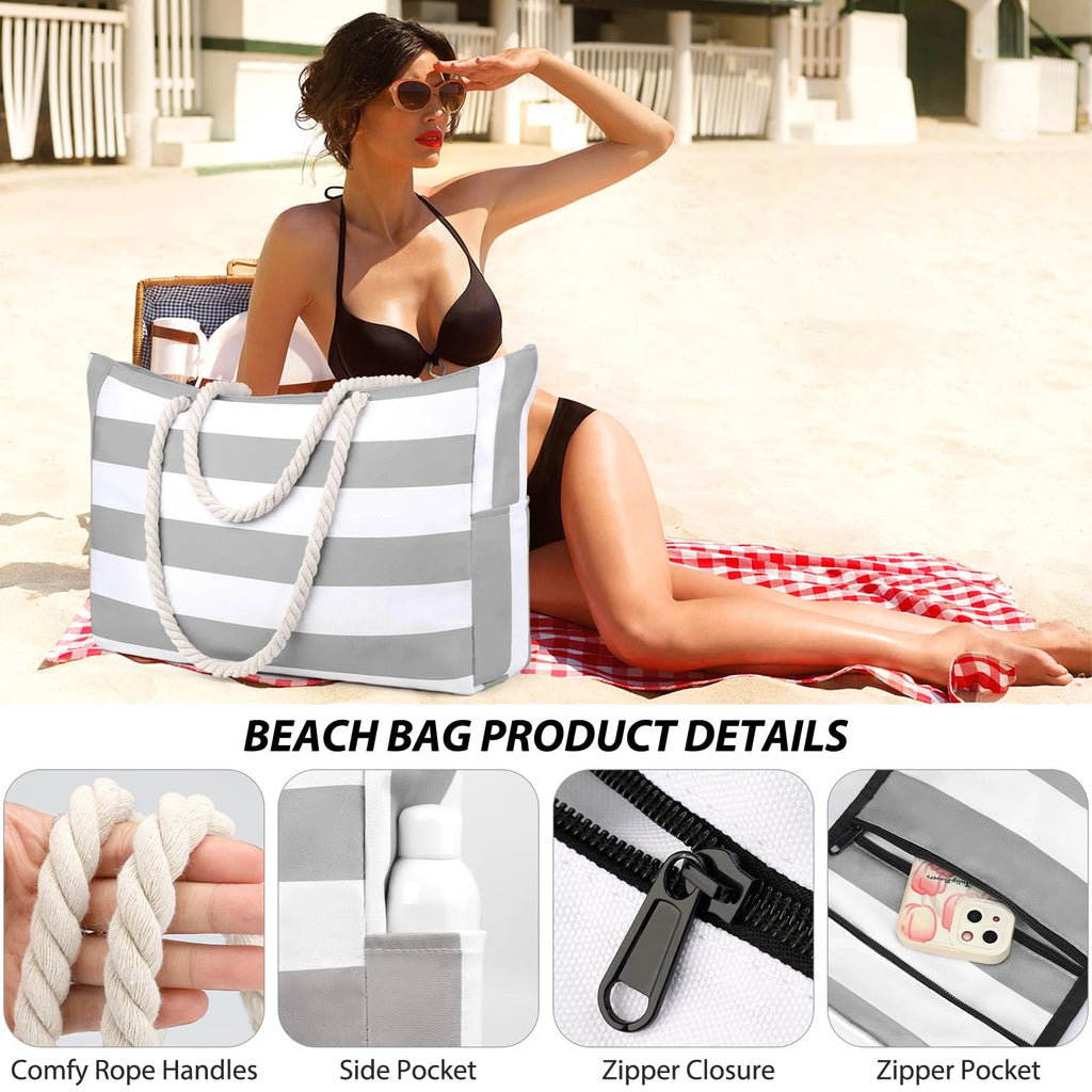 Waterproof Beach Bag Canvas | Foldable Striped Travel Tote Large Capacity Outdoor Bag