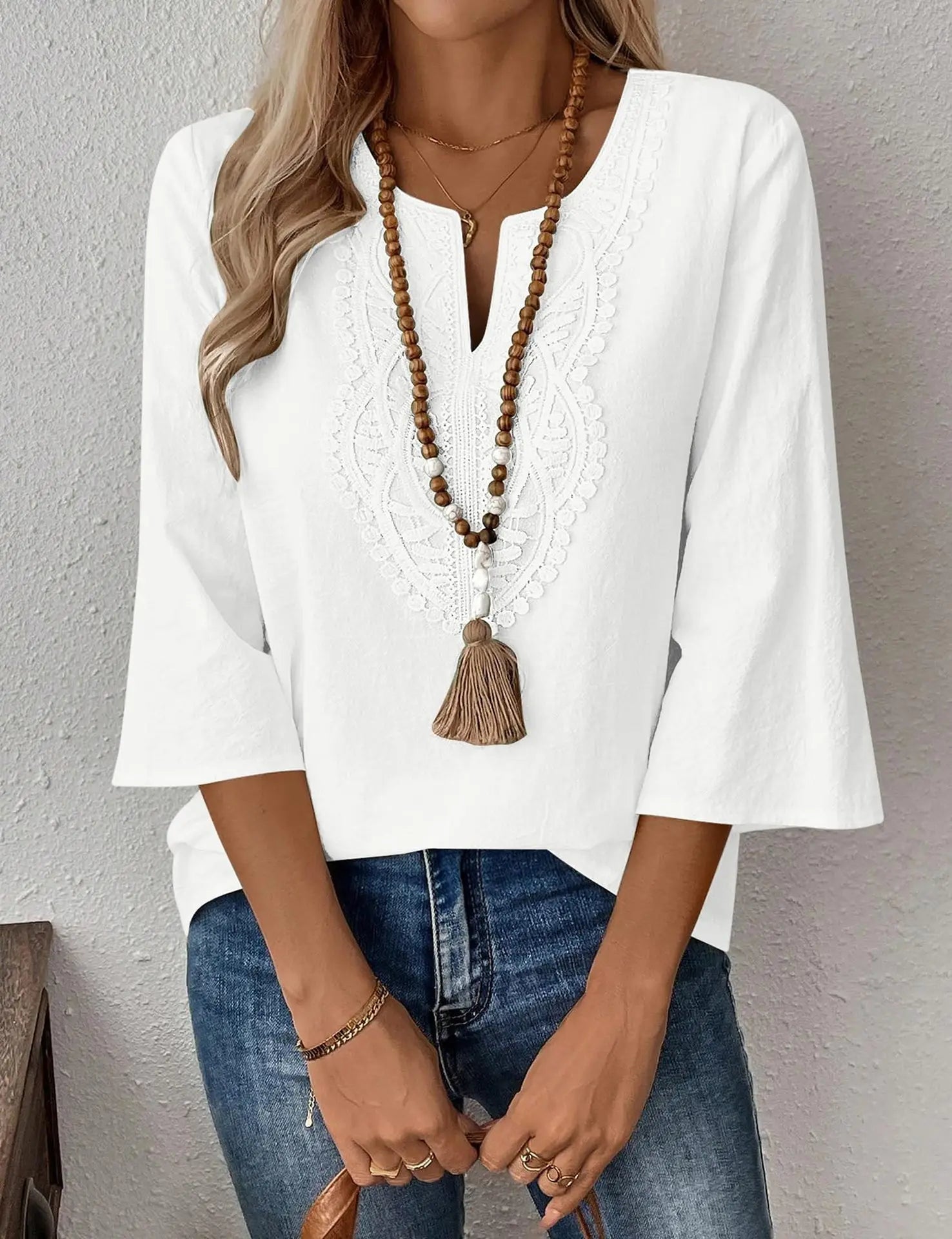 Bohemian Style Blouse Women | Lace Trim V Neck Shirt Bell Sleeve Elegant Spring Summer Top