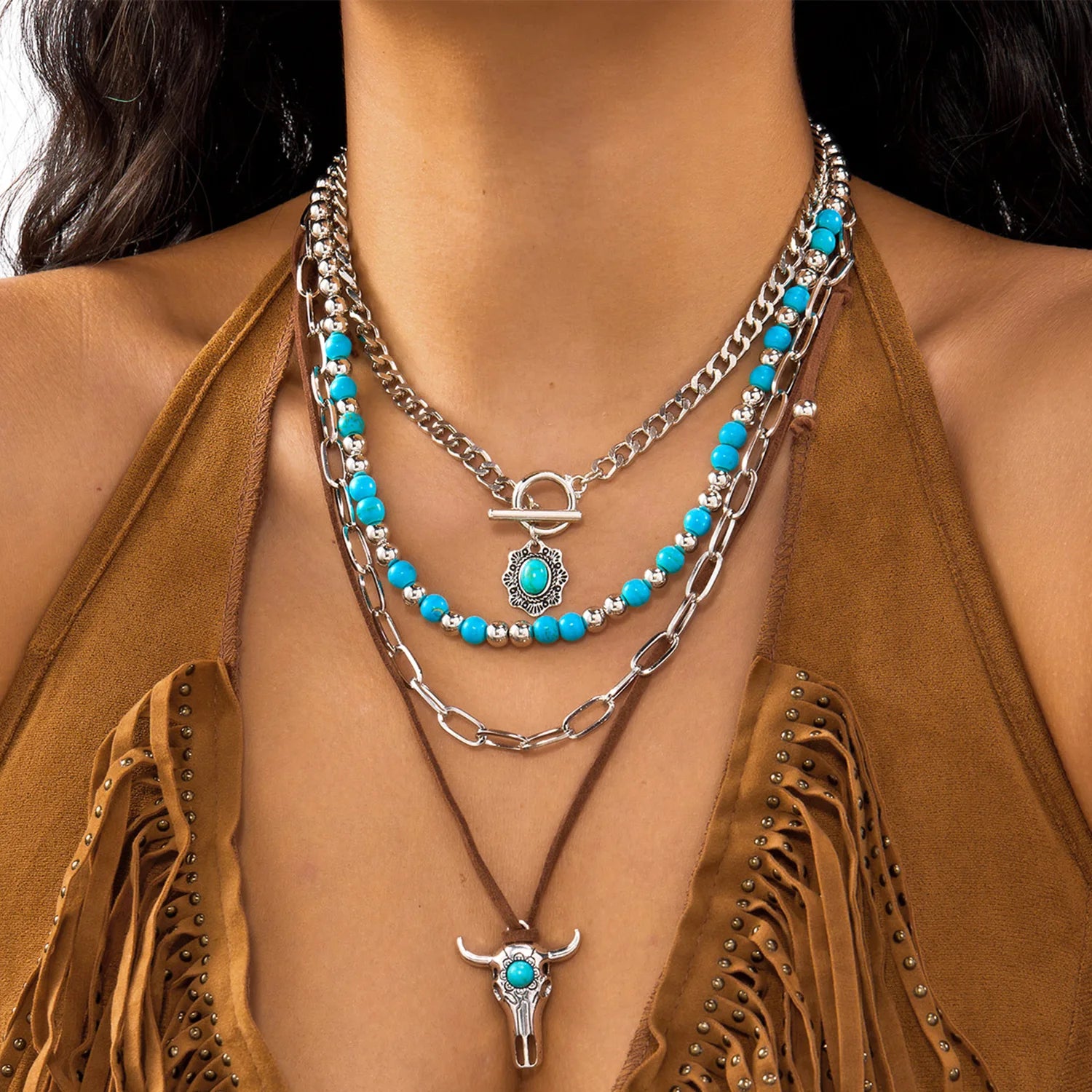 Bohemian Turquoise Beaded Western Necklace for Women – Cowboy Cow Head; Cactus Pendant Choker