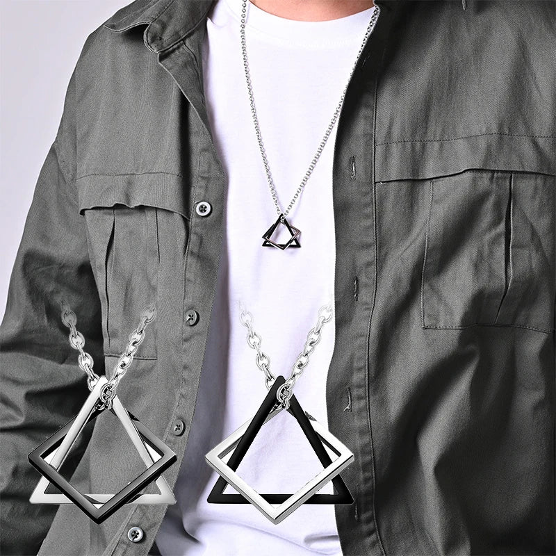 Unisex Geometric Stainless Steel Pendant Necklace – Punk Triangle; Square Interlocking Chain