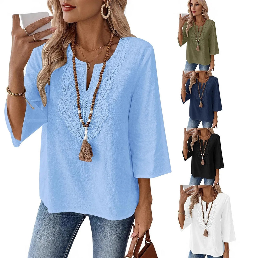 Bohemian Style Blouse Women | Lace Trim V Neck Shirt Bell Sleeve Elegant Spring Summer Top