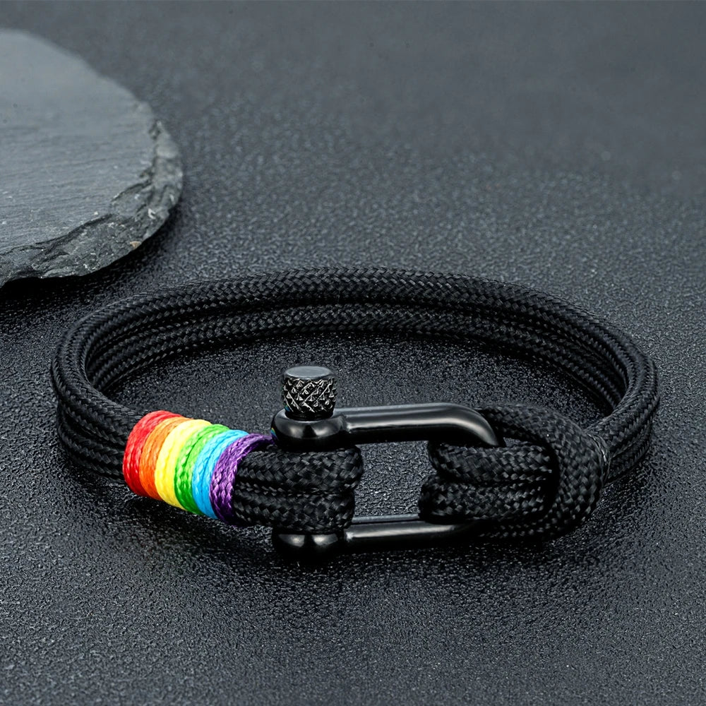 MKENDN Unisex Black Stainless Steel U-Shape Rainbow Bracelet – Trendy Couple Wristband with Paracord Rope; Hidden Safety Clasp