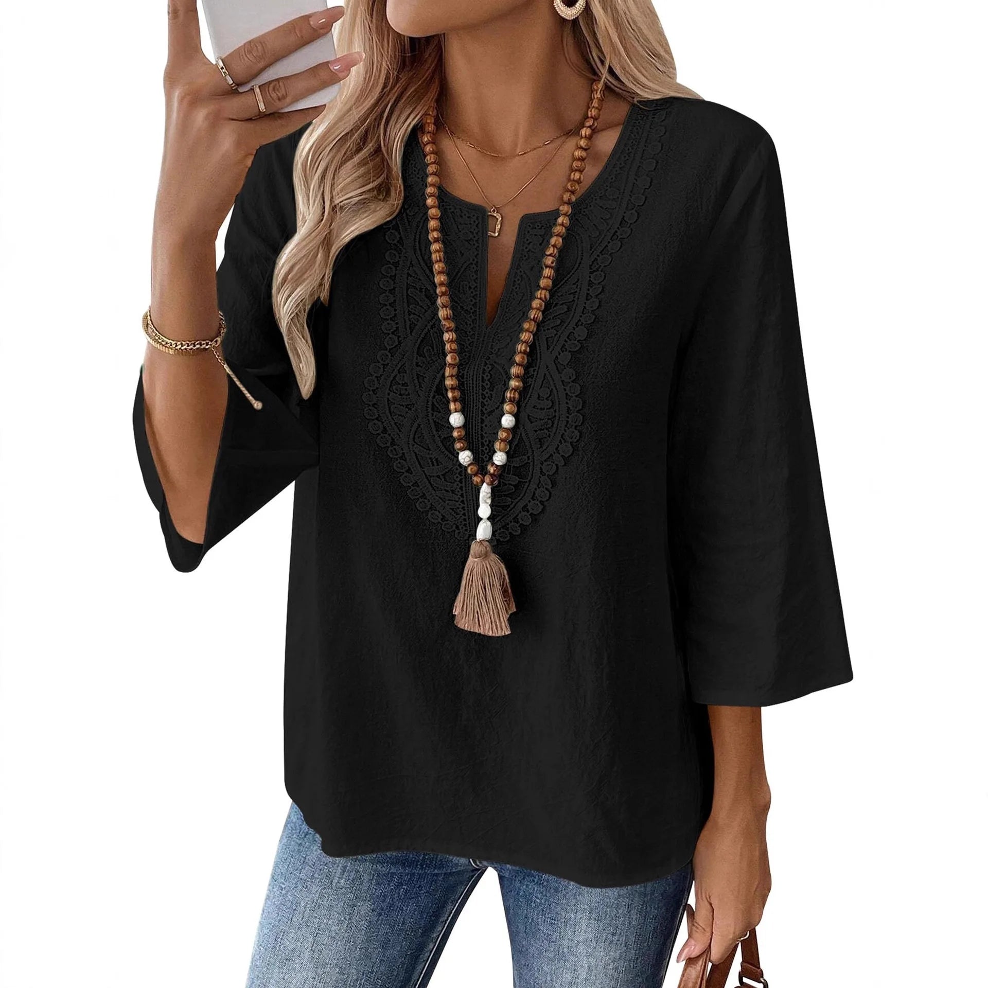 Bohemian Style Blouse Women | Lace Trim V Neck Shirt Bell Sleeve Elegant Spring Summer Top