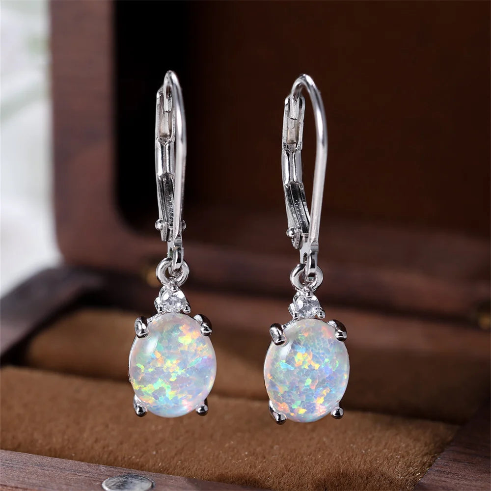 White Blue Opal Oval Hoop Earrings for Women – Stainless Steel Romantic Wedding; Engagement Jewelry
