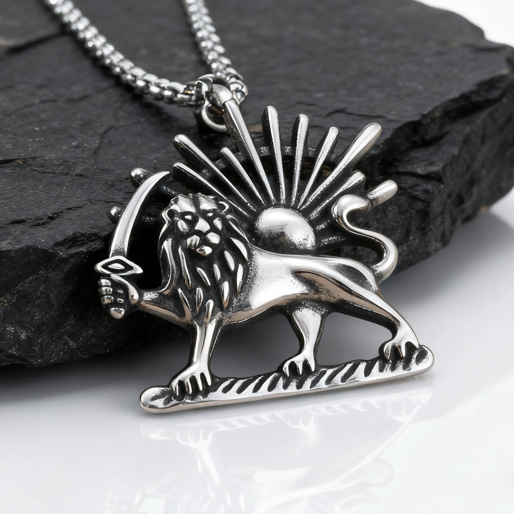 1Persian Lion & Sun Pahlavi Necklace for Men – Silver Color Stainless Steel Iranian Symbol