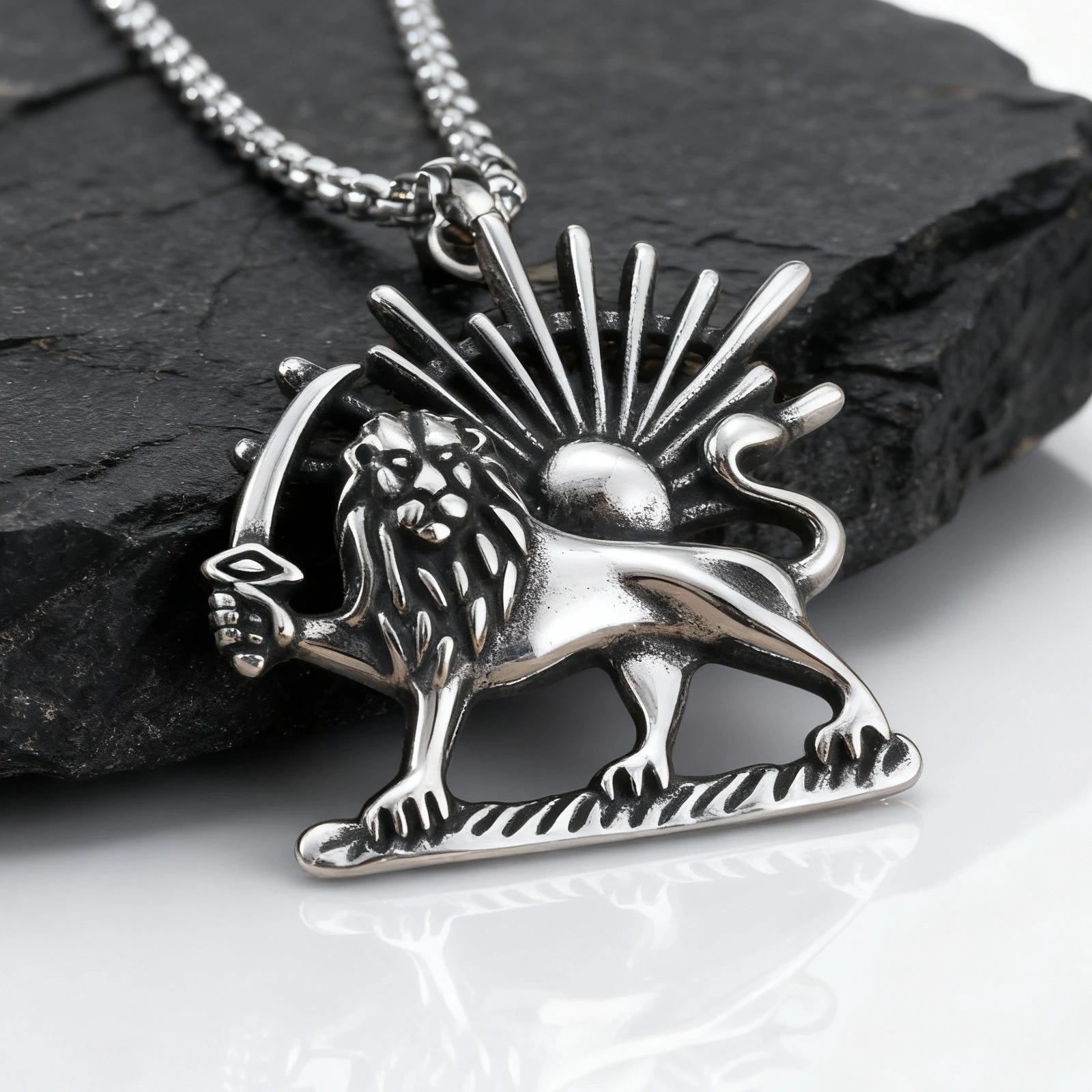 1Persian Lion & Sun Pahlavi Necklace for Men – Silver Color Stainless Steel Iranian Symbol