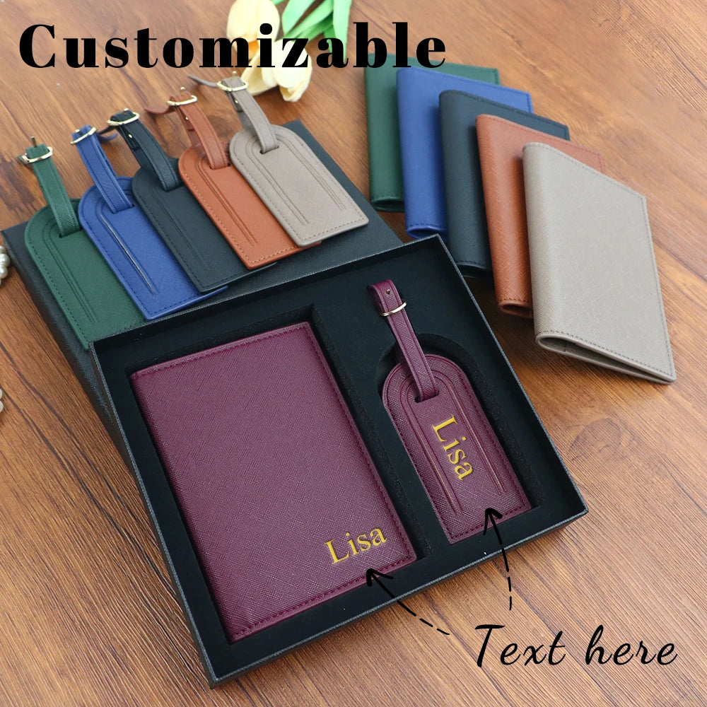 Personalized PU Leather Passport Holder; Luggage Tag Set – Custom Monogram Travel Gift for Men &amp; Women