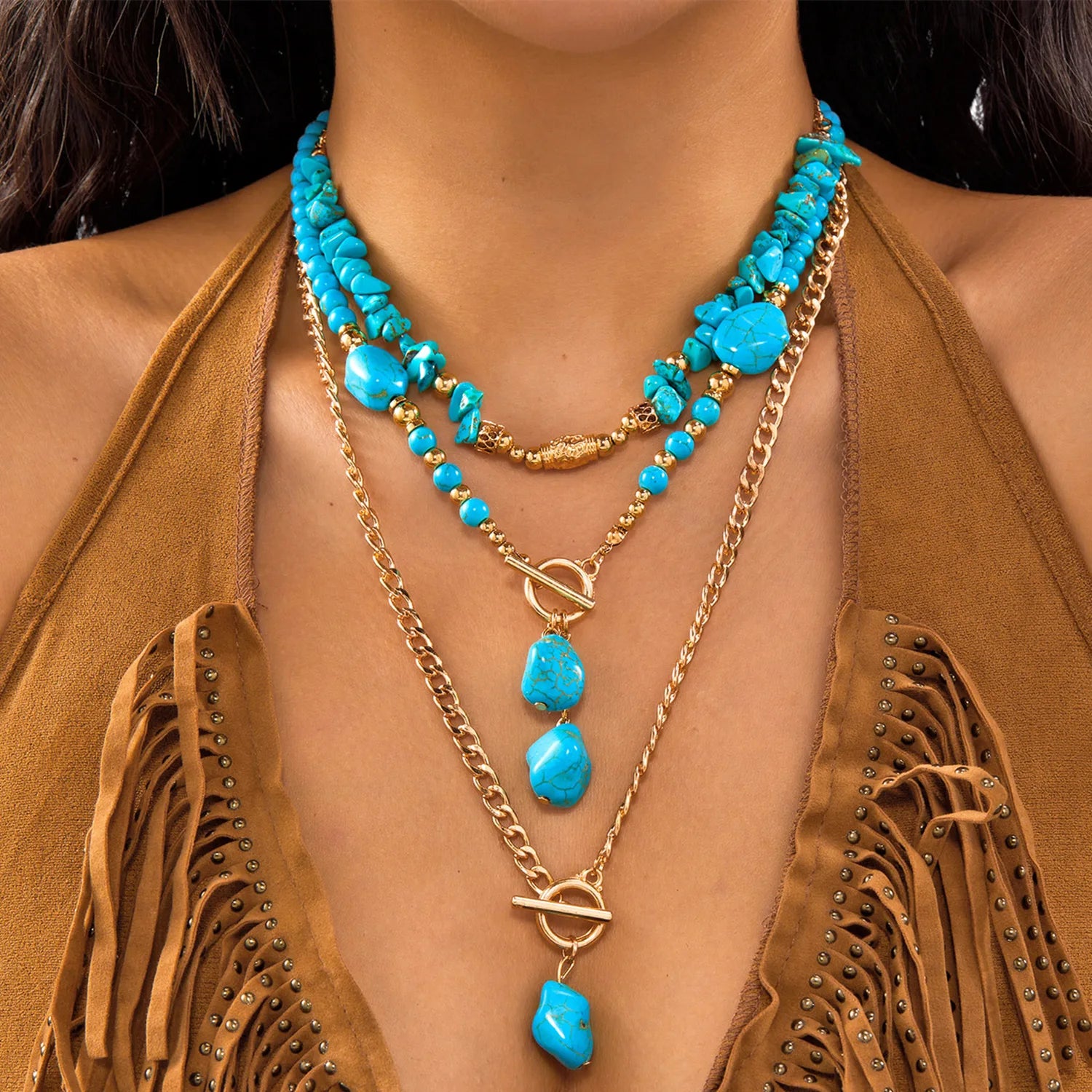 Bohemian Turquoise Beaded Western Necklace for Women – Cowboy Cow Head; Cactus Pendant Choker