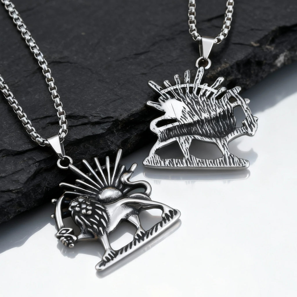1Persian Lion & Sun Pahlavi Necklace for Men – Silver Color Stainless Steel Iranian Symbol