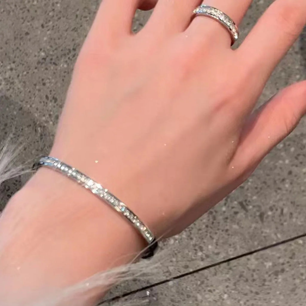 Women’s Stainless Steel Zircon Bracelet – Single Row Cubic Zirconia Bangle, Non-Fading Party; Gift Jewelry