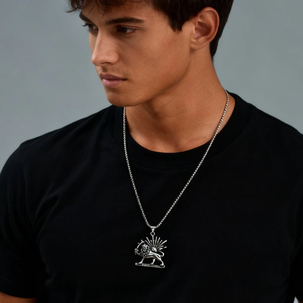 1Persian Lion & Sun Pahlavi Necklace for Men – Silver Color Stainless Steel Iranian Symbol