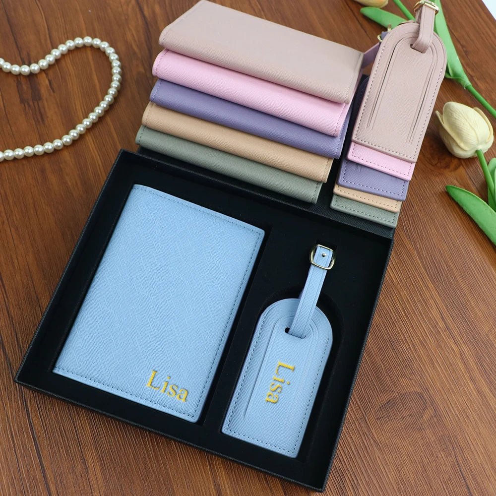 Personalized PU Leather Passport Holder; Luggage Tag Set – Custom Monogram Travel Gift for Men &amp; Women