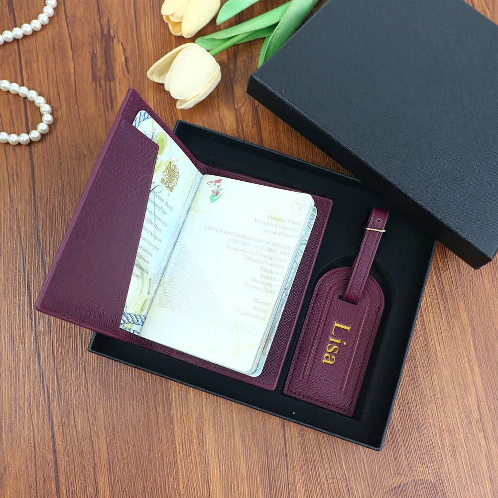 Personalized PU Leather Passport Holder; Luggage Tag Set – Custom Monogram Travel Gift for Men &amp; Women