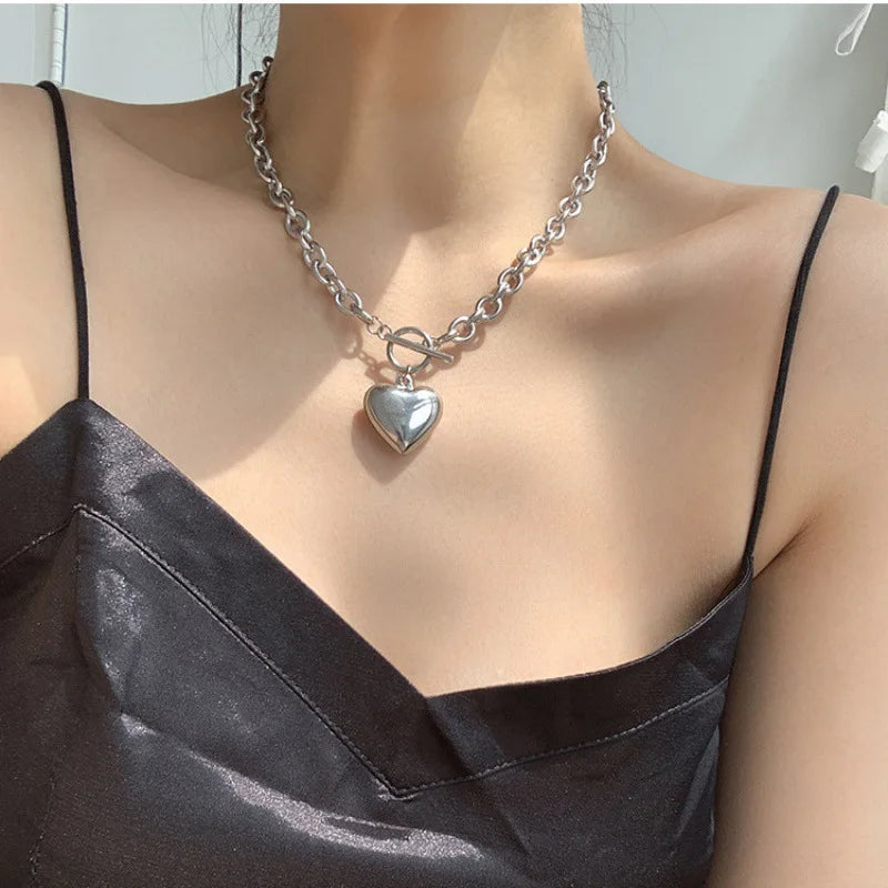 Stainless Steel Heart Pendant Necklace – Elegant Boho Jewelry for Daily Wear; Special Occasions