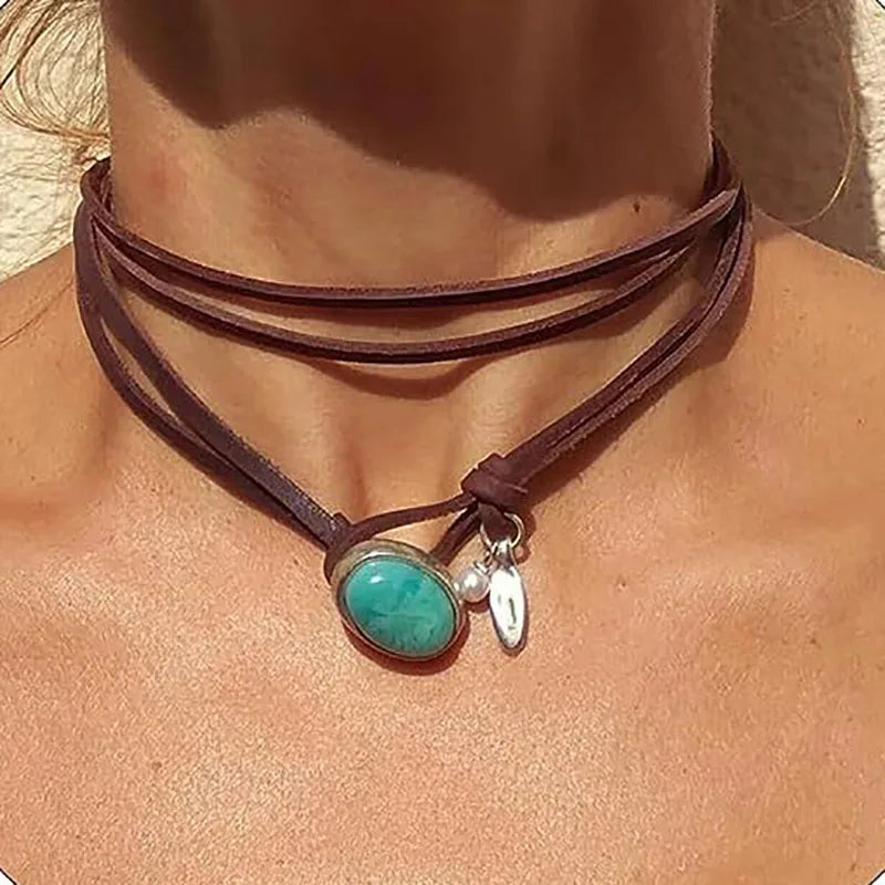 Ethnic Style Vintage Round Pendant Necklace for Women Bohemian Style Beaded Leather Cord Party Birthday