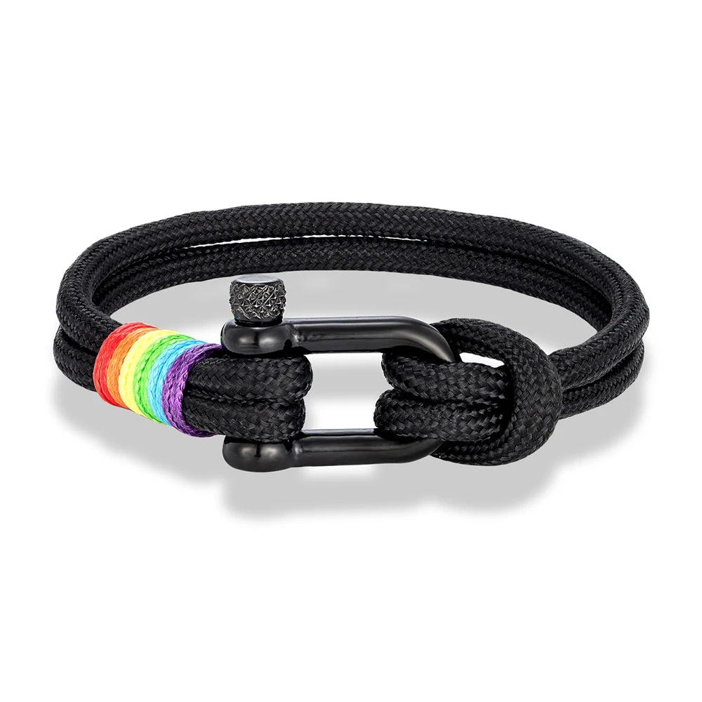 MKENDN Unisex Black Stainless Steel U-Shape Rainbow Bracelet – Trendy Couple Wristband with Paracord Rope; Hidden Safety Clasp