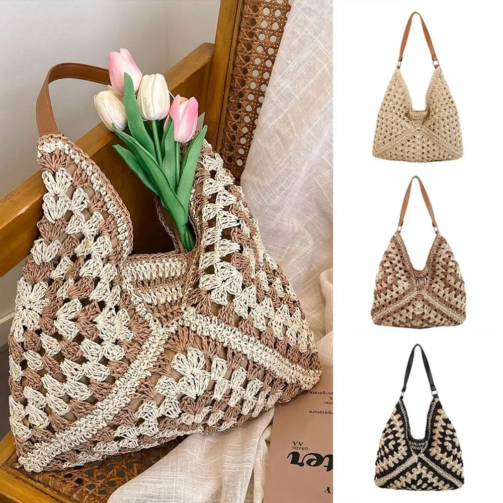 Straw Crochet Bag Women | Summer Beach Shoulder Bag Woven Vacation Tote Casual Handbag