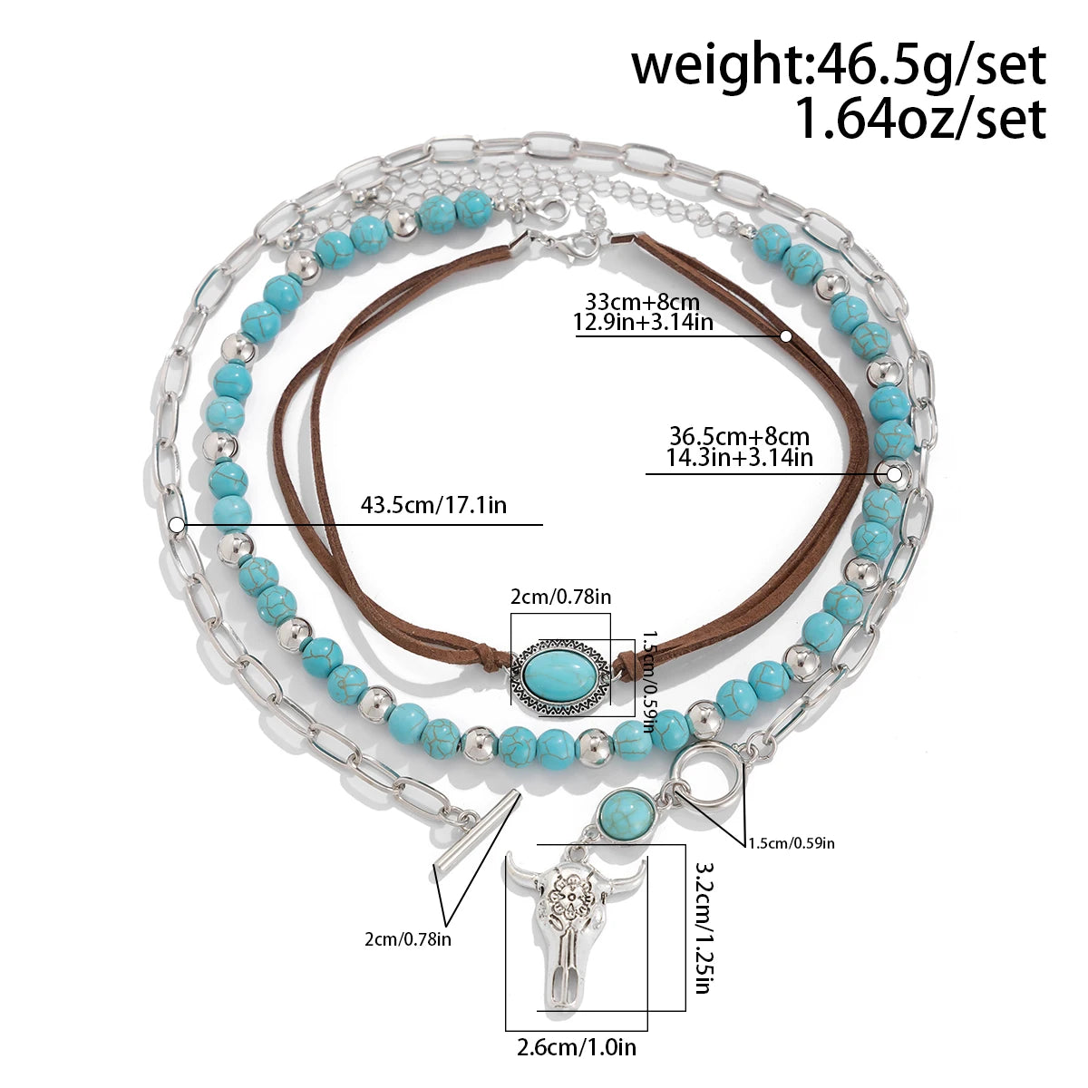 Vintage Ethnic Bull Head Necklace Set for Women – Turquoise Stone Beads Pendant Clavicle Chain (3pcs)