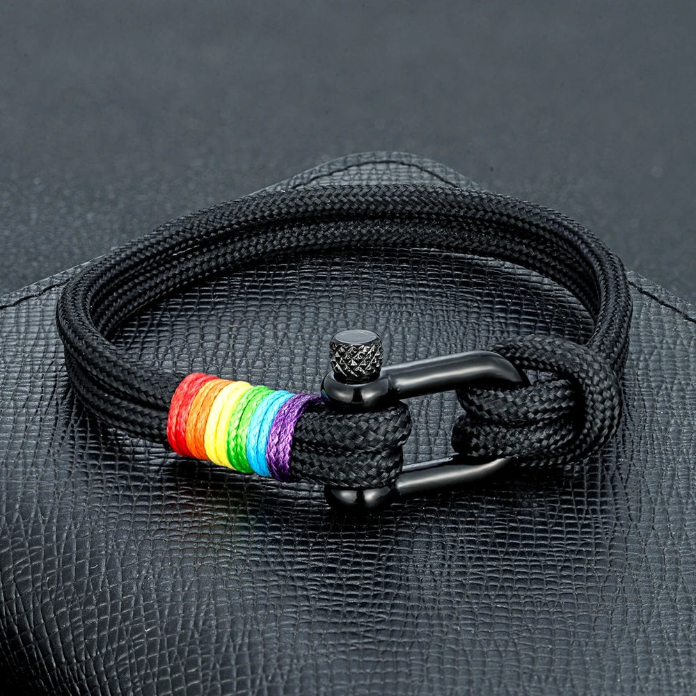 MKENDN Unisex Black Stainless Steel U-Shape Rainbow Bracelet – Trendy Couple Wristband with Paracord Rope; Hidden Safety Clasp