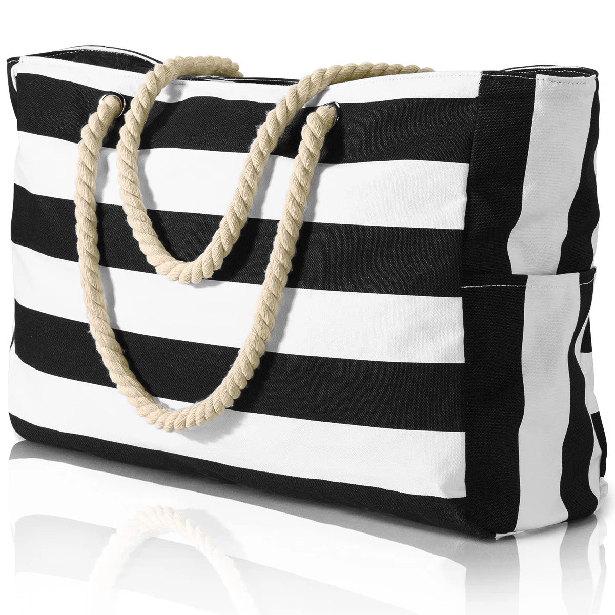 Waterproof Beach Bag Canvas | Foldable Striped Travel Tote Large Capacity Outdoor Bag
