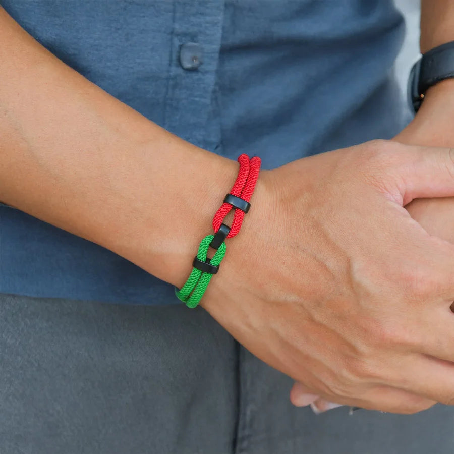 Men’s Green & Red Cord Bracelet – Ethnic Rope Chain Fabric Bracelet for Men | Adjustable Fashion Wristband