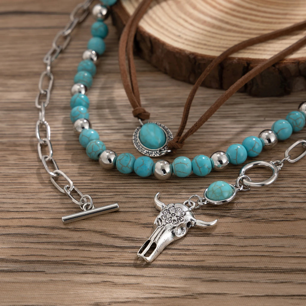 Vintage Ethnic Bull Head Necklace Set for Women – Turquoise Stone Beads Pendant Clavicle Chain (3pcs)