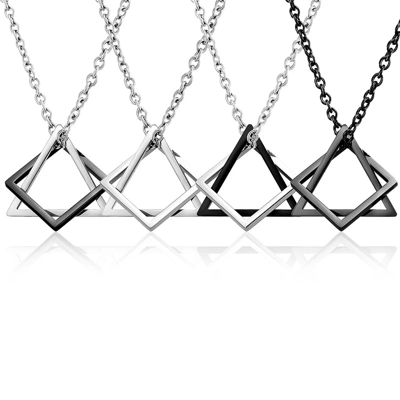 Unisex Geometric Stainless Steel Pendant Necklace – Punk Triangle; Square Interlocking Chain