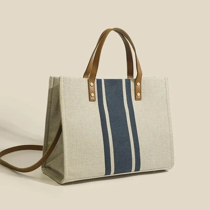 Women’s Canvas Stripe Bucket Bag – Large Capacity Casual Tote with Top Handle & Crossbody Shoulder Strap