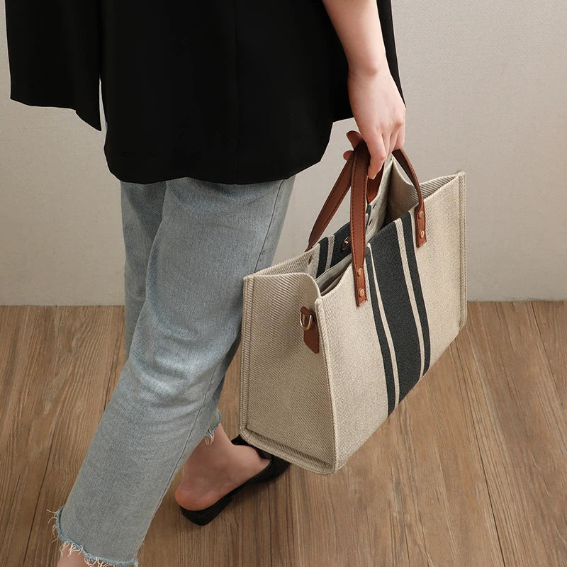 Women’s Canvas Stripe Bucket Bag – Large Capacity Casual Tote with Top Handle & Crossbody Shoulder Strap