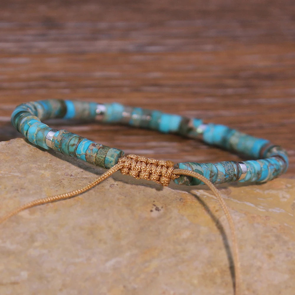 *Turquoise Stone Beaded Bracelet – Adjustable Woven Rope Ethnic Bracelet for Women & Men