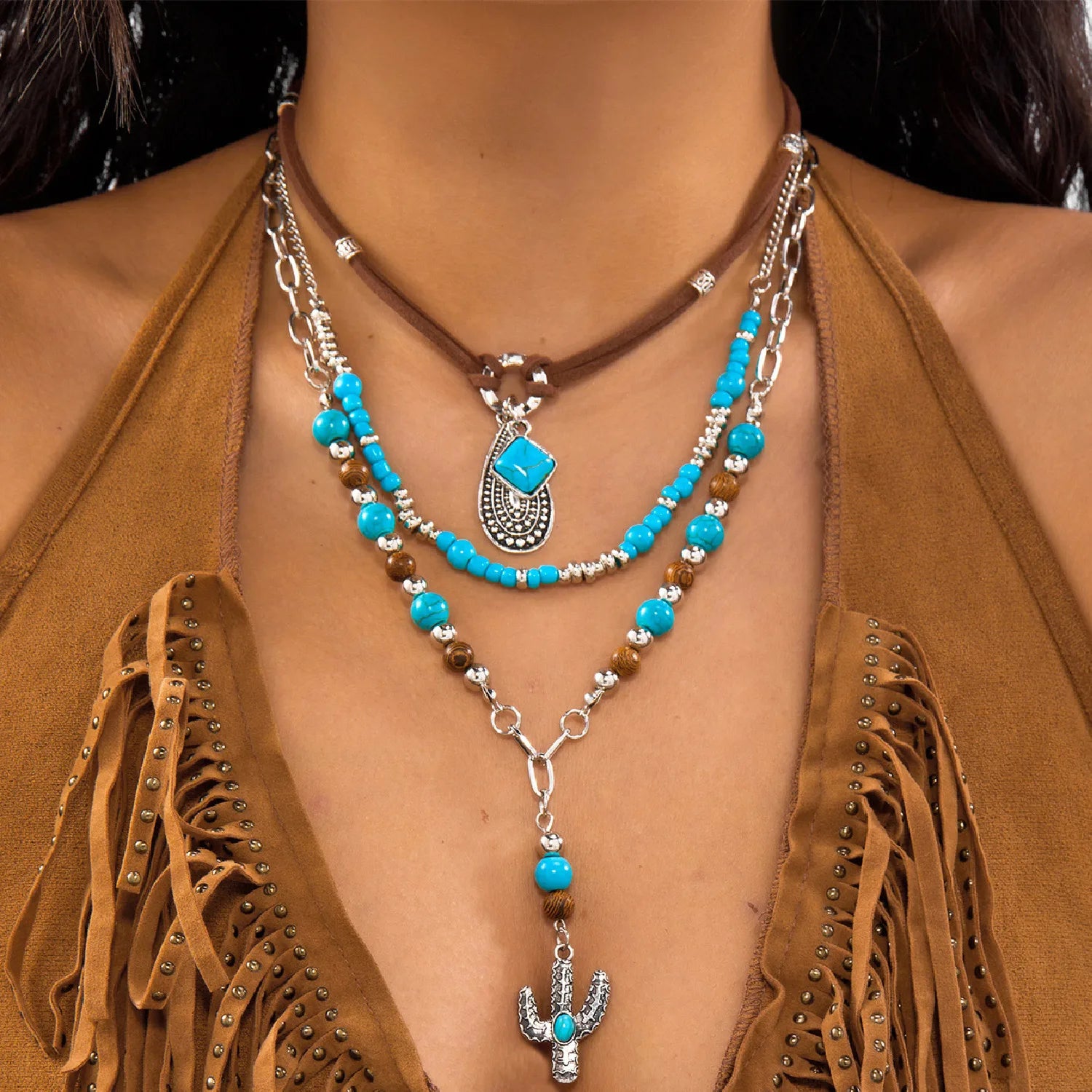 Bohemian Turquoise Beaded Western Necklace for Women – Cowboy Cow Head; Cactus Pendant Choker