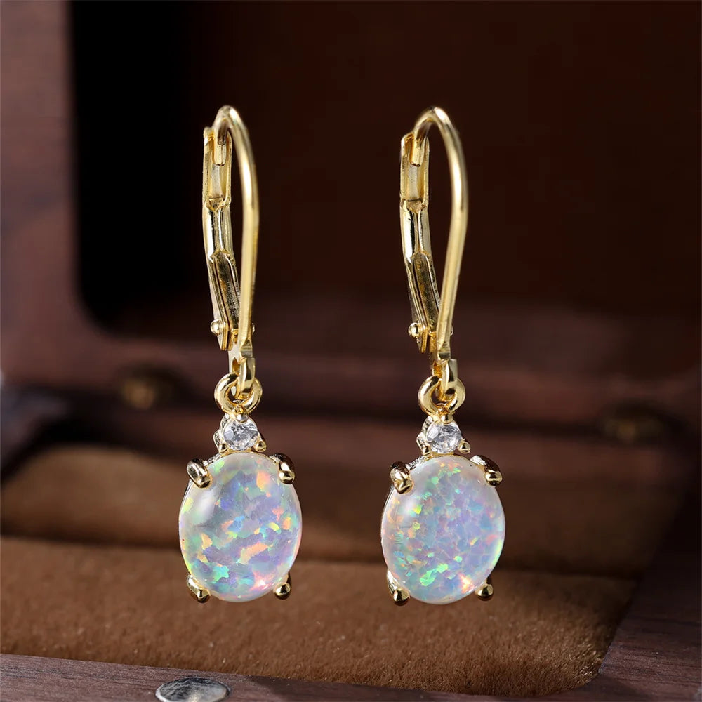 White Blue Opal Oval Hoop Earrings for Women – Stainless Steel Romantic Wedding; Engagement Jewelry
