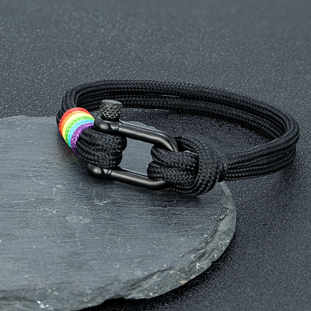 MKENDN Unisex Black Stainless Steel U-Shape Rainbow Bracelet – Trendy Couple Wristband with Paracord Rope; Hidden Safety Clasp
